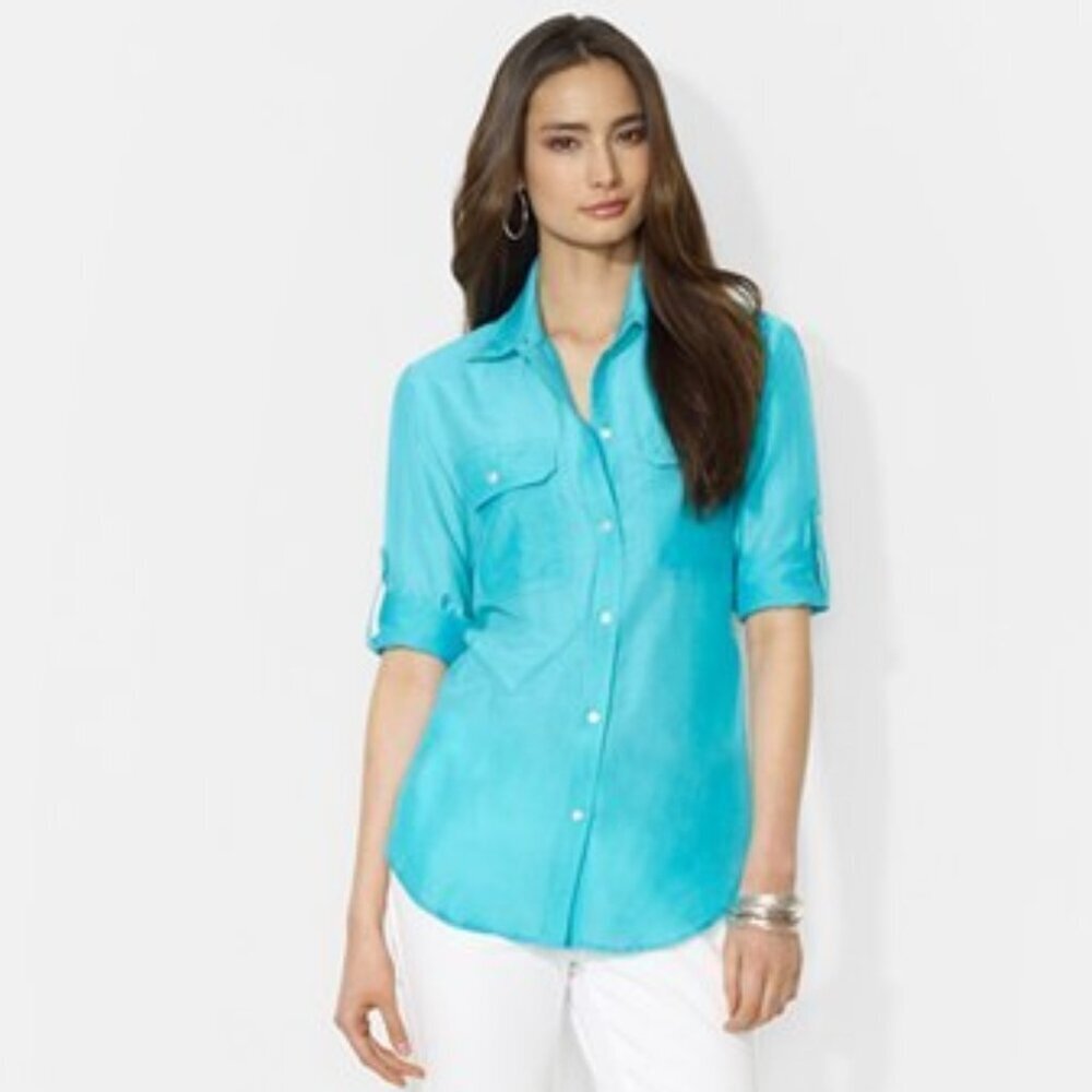 Ralph Lauren Silk Cotton Blend Teal Convertible Sleeves Preppy Resort  Sz Small